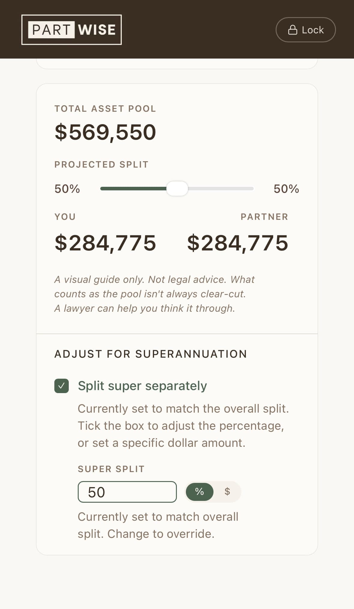 The Money projected split in PartWise on a phone, showing the total asset pool, a split slider, what each side would receive, and the superannuation adjustment below it.